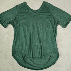 Womens Flower V Neck Top Dark Heathered Green Short Sleeve Casual Size XL